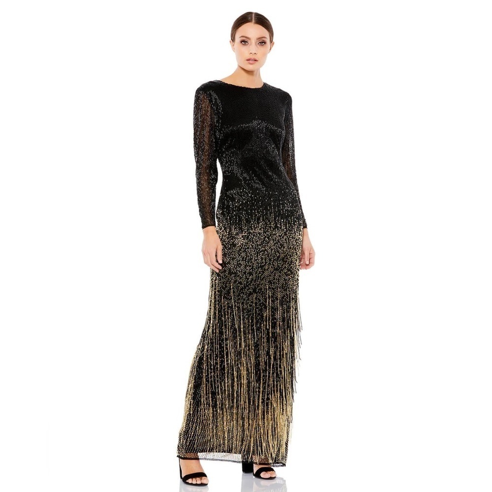 Mac Duggal Long Sleeve Beaded Fringe Gown 93584 - Picture 1 of 9